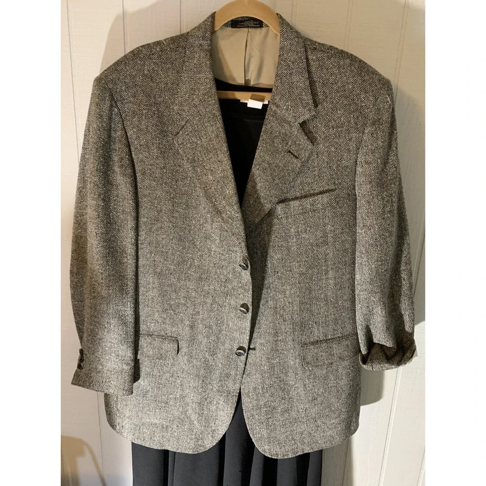 Vtg Irvine Park Silk Sz 44 Herringbone Black White Sports Coat 3 Button Blazer